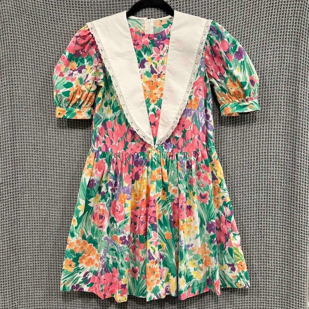 Vtg Handmade Floral Prairie Cottagecore Easter Garden Party Dress Girls 10-12